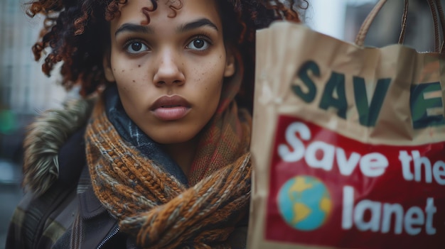 Photo thoughtful young woman looking at the camera with a save the planet shopping bag in her hand