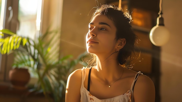 Photo thoughtful young woman looking up at the sunlight through a window she is wearing a white dress and has her hair tied up in a bun