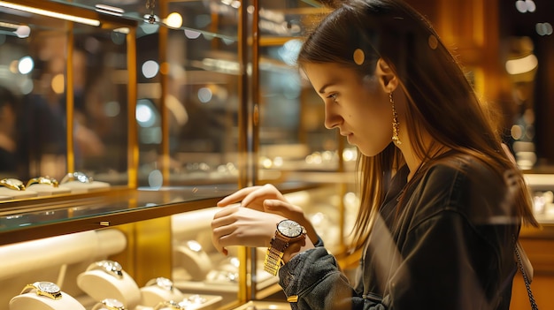 Photo thoughtful young woman looking at watches in a jewelry store