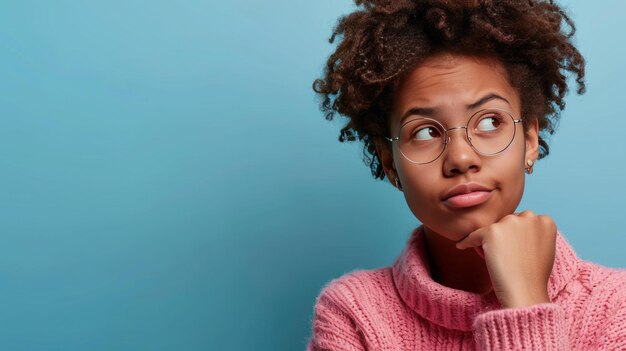 Thoughtful Young Woman in Pink Sweater