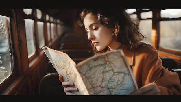 Photo thoughtful young woman reading a map while sitting in a train and looking out the window