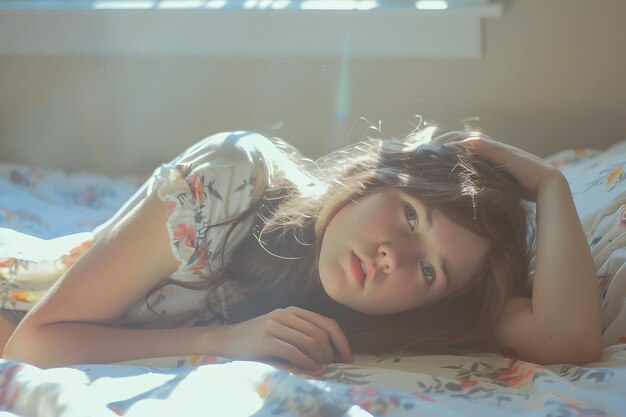 Photo thoughtful young woman resting peacefully on bed in cozy bedroom