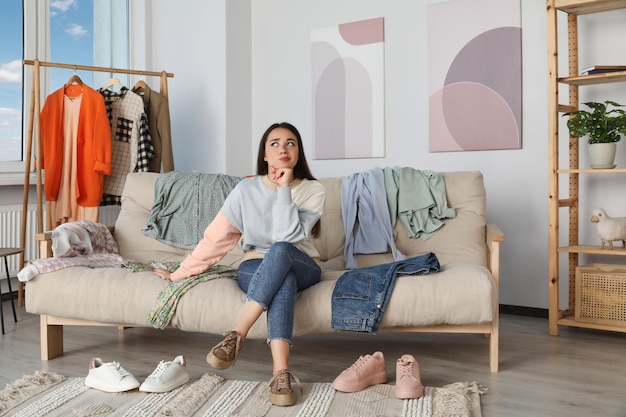 Thoughtful young woman on sofa with clothes at home