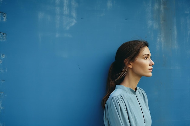 Thoughtful young woman standing against blue wall