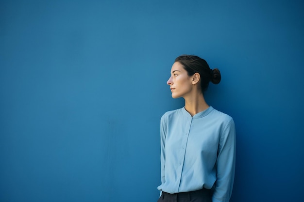 Thoughtful young woman standing against blue wall