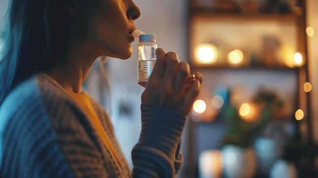 Thoughtful young woman taking a dose of liquid medicine at home she is holding the bottle and carefully pouring the liquid into her mouth