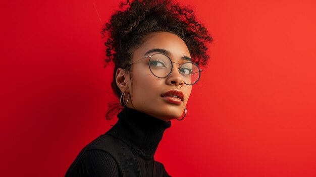 Foto giovane donna pensierosa che indossa gli occhiali che guarda lontano sullo sfondo rosso