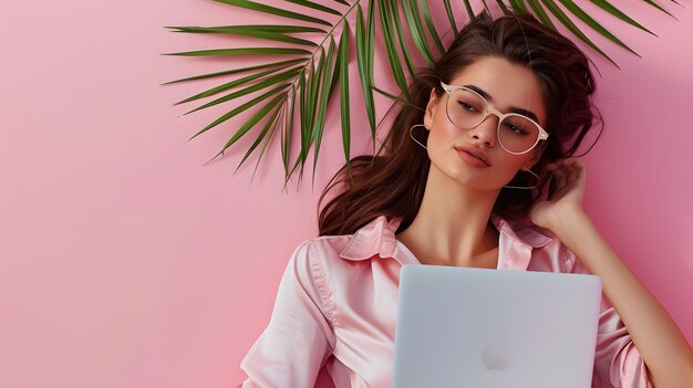 眼鏡をかぶってピンクのシルクのシャツを着た思慮深い若い女性がパームの葉のピンク色の背景に横たわってラップトップを使用しています