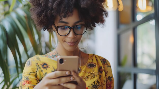 Thoughtful young woman wearing glasses and a yellow floral shirt smiles as she texts on her phone