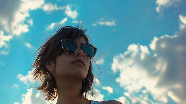 Thoughtful young woman wearing sunglasses looking up at the sky with a hopeful expression