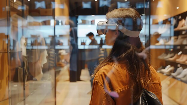 Foto giovane donna pensierosa che indossa un auricolare di realtà virtuale ed esplora il mondo digitale mentre si trova in un moderno centro commerciale