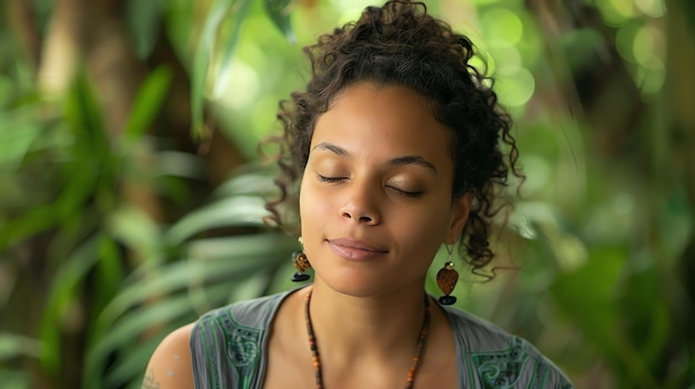 Thoughtful young woman with curly hair and eyes closed wearing a green shirt with ethnic pattern and wooden earrings standing in a lush green jungle
