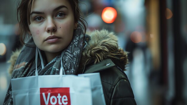 Photo thoughtful young woman with a shopping bag with the text vote printed on it