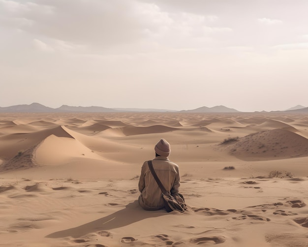 A thoughtprovoking image of a lone traveler in a remote desert Generative AI