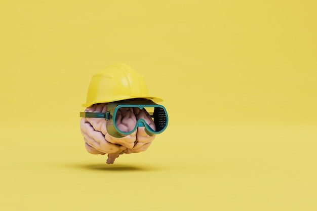 Thoughts about the construction project brain in a protective helmet and goggles 3d render