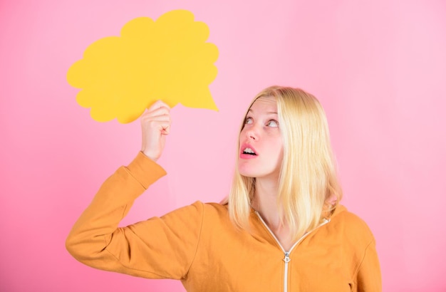 Thoughts of cheerful adorable woman Ideas and thoughts copy space Idea and inspiration Idea and brainstorming concept Girl cute blonde with speech bubble What is on her mind Create idea