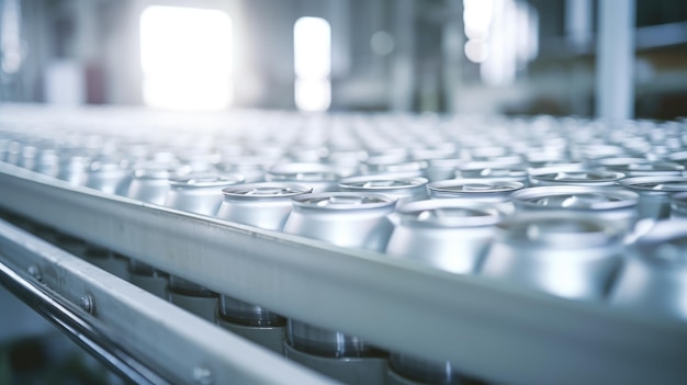 Thousands of beverage aluminum cans on conveyor line at factory