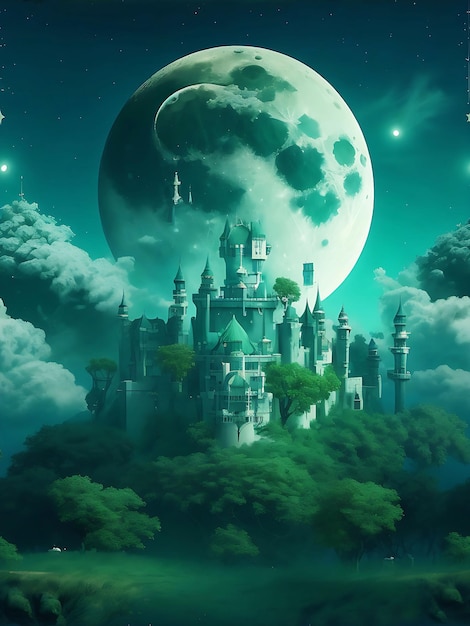 Thousands of palaces in a green area surrounded by fortresses the moon is full there are many sta