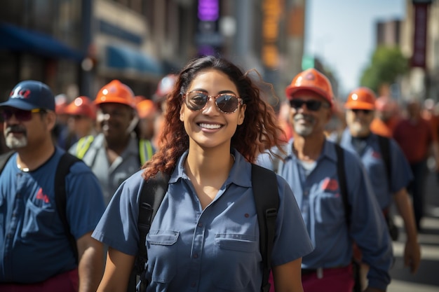 Thousands of people march in the city streets Labor Day concept