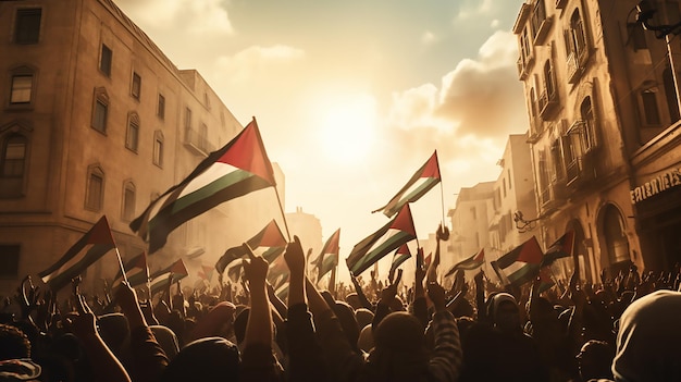 パレスチナの旗を持った数千人が路上に集結し、抗議活動中に旗を振る群衆