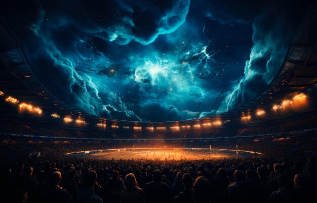 Thousands of spectators on the round stadium at night watching football match Neon white splashes in the sky and dramatic clouds are over the stadium