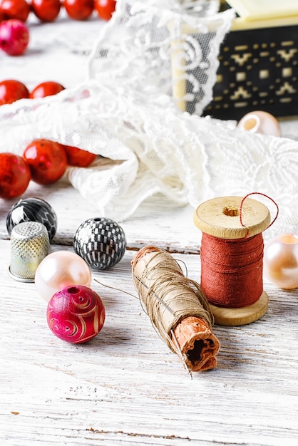 Thread,button and fabric