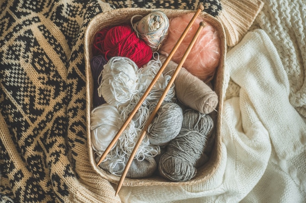 Thread for knitting in a basket closeup. Knitting as a hobby. Accessories for knitting.