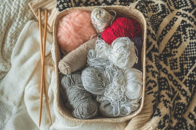 Thread for knitting in a basket closeup. Knitting as a hobby. Accessories for knitting.