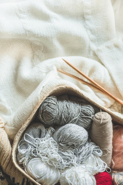 Thread for knitting in a basket closeup. Knitting as a hobby. Accessories for knitting.