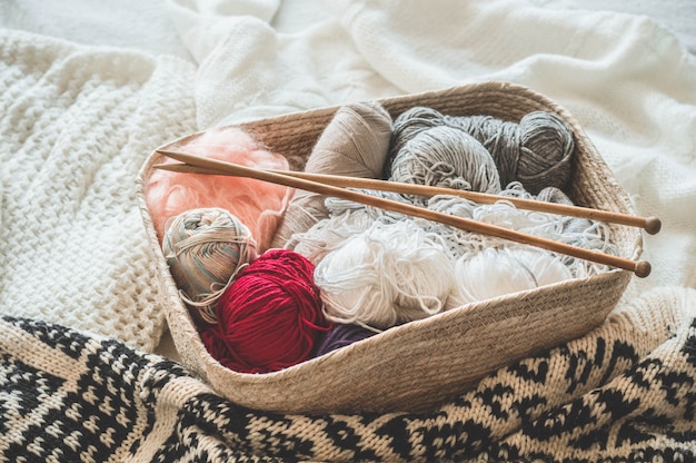 Thread for knitting in a basket closeup. Knitting as a hobby. Accessories for knitting.