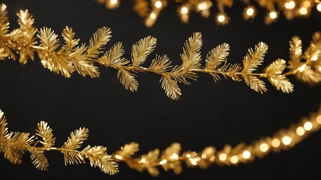 Золотая рождественская гирлянда висит на черном фоне размытый фон мягкий фокус