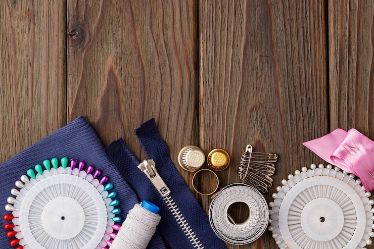 Photo threads and sewing accessories on brown wooden table