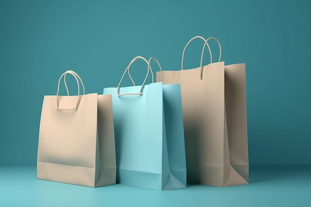 Three 3d render illustration of 3D Paper bags on blue background generative AI