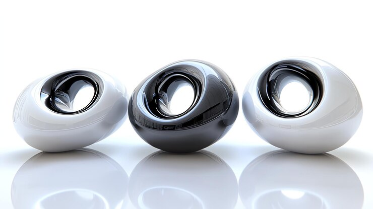Photo three abstract glossy 3d objects in black and white