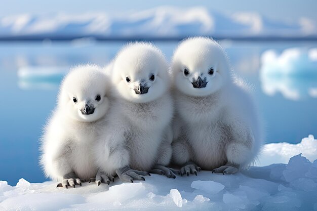 Photo three adorable baby birds perched on snowy branches created with generative ai technology