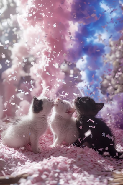 사진 세 마리 의 사랑스러운 새끼 고양이 들 이 다채로운 배경 을 가진 부드러운 담요 에 분홍색 과 파란색 의 콘페티 를 가지고 놀고 있다