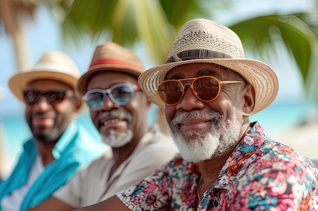 Three african american men are smiling and wearing hats and glasses in vacation