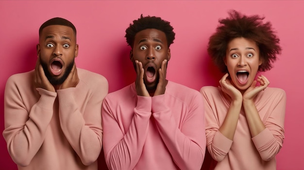 Three african americans with mouths open on pink background