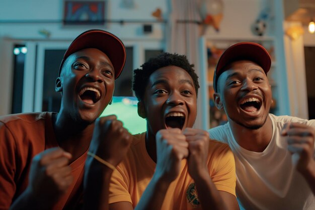 Three african male friends celebrate watching TV looking happy at soccer games at home