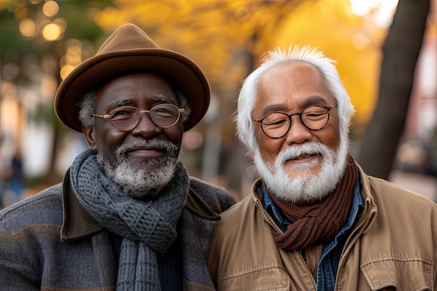 Three afro and asian senior men are smiling together outdoors looking at camera