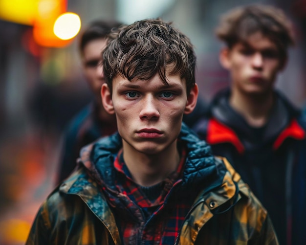 Photo three aggressive teenagers homeless boys