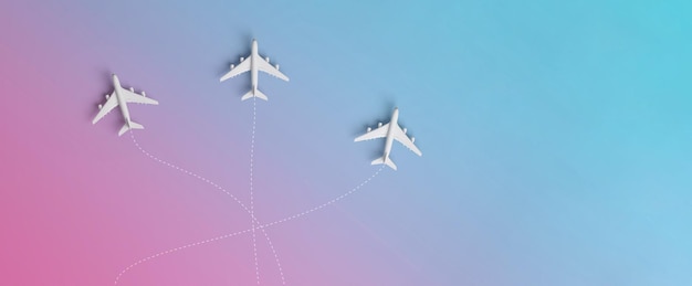 Three airplanes travelling to different destinations in gradient background holiday or business trip concept