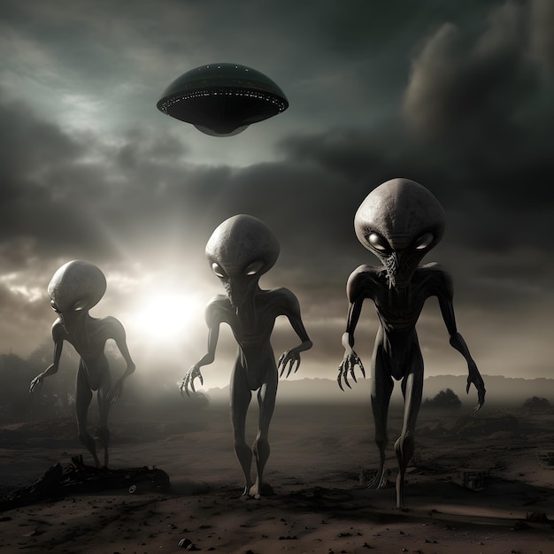 Three alien heads are walking in a desert with an ufo in the background.