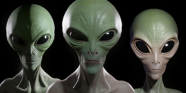 Three alien heads with the face of the alien.