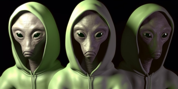 Three alien men in hoodies with green eyes and a green hoodie.