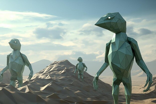 Three alien sculptures on a mountain with a sky background