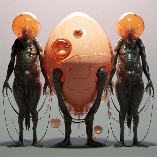 Photo three alien sculptures with orange helmets and one with a face on it