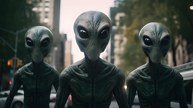 Three alien statues are standing in a city with one of them wearing large eyes.