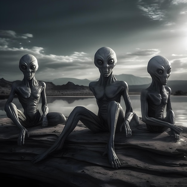 Photo three alien statues sit on a rock with the sun behind them.