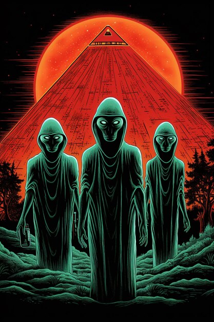 Photo three aliens in front of a pyramid with a red sun in the background generative ai